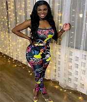 Graffiti Print Backless Bandage Skinny Jumpsuit XING-053