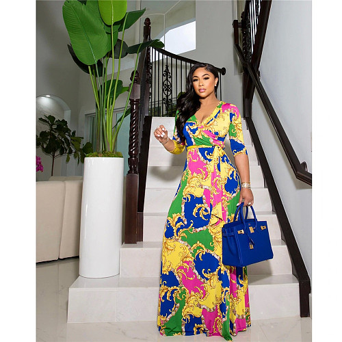 Elegant Street V-Neck Print Sashes Dresses NK-8616
