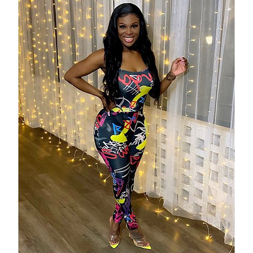 Graffiti Print Backless Bandage Skinny Jumpsuit XING-053