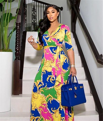 Elegant Street V-Neck Print Sashes Dresses NK-8616
