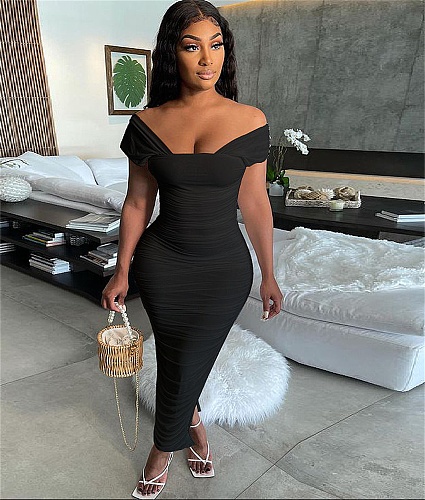 Solid Sleeveless Bodycon Ruched Wrap Dress MEY-2054