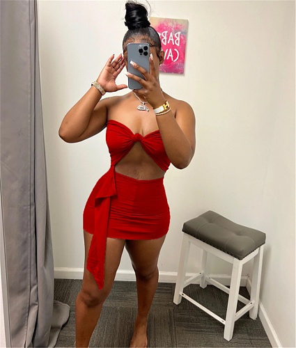 Strapless Tube Crop Tops with Mini Skirt 2 Piece Set WSM-5317