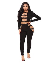 Hollow Out Skinny Long Sleeve Crop Top Pencil Pants Suit PY-8450