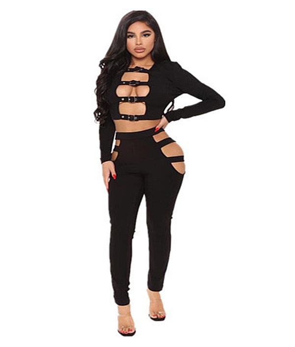 Hollow Out Skinny Long Sleeve Crop Top Pencil Pants Suit PY-8450