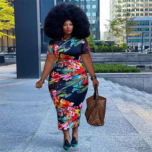 Floral Print Short Sleeve Vintage Plus Size Dresses OSS-22298
