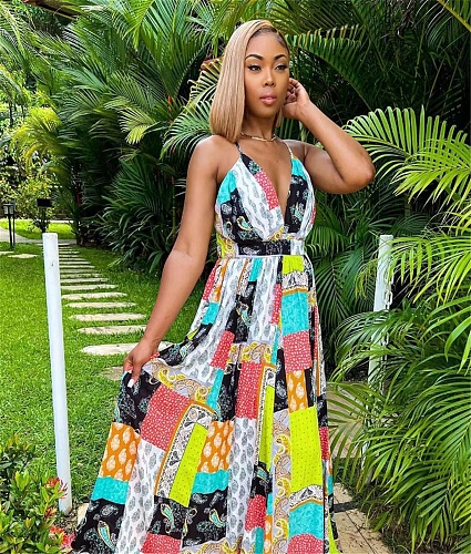 Deep V Halter Backless Elegant Maxi Dresses TK-6243