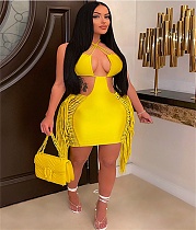 Haler Backless Lace Up Cut Out Tassel Bodycon Dress MDF-5287