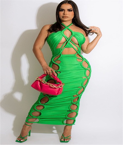 Ruched Cut Out Bandage Halter Maxi Dresses BN-9324