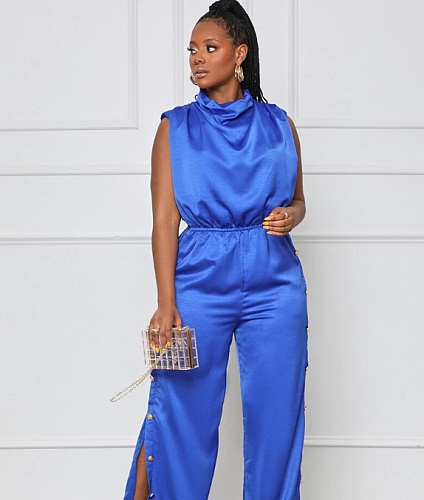 Turtleneck Sleeveless High Split Wide Leg Jumpsuits MOF-6698