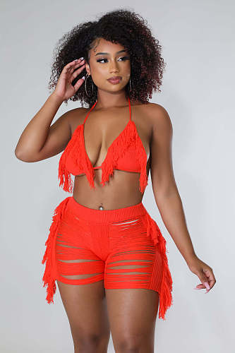 Beach Tassel Knitted Bra Top+Shorts Two Piece Sets OSM-6135