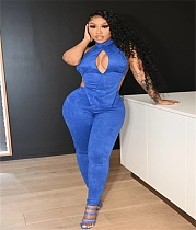 Suede Bandage Backless Hollow Out Tops Sexy Two Piece Pant Sets PY-8412