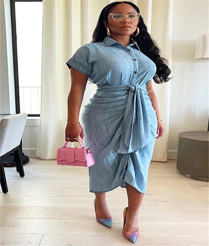 Short Sleeve Lace Up Ruched Denim Dresses MOF-6697
