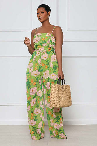 Boho Floral Print Spaghetti Strap Wide Leg Jumpsuit ANDI-1366
