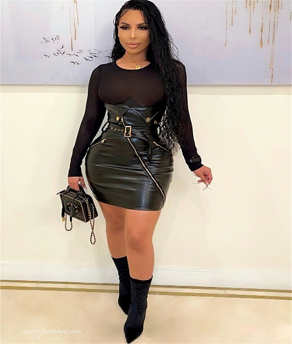 Sheer Mesh Patchwork Mini Corset PU Leather Dress PY-8479