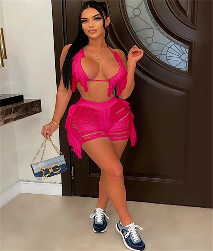Beach Tassel Knitted Bra Top+Shorts Two Piece Sets OSM-6135