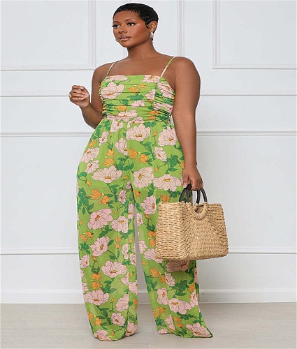 Boho Floral Print Spaghetti Strap Wide Leg Jumpsuit ANDI-1366