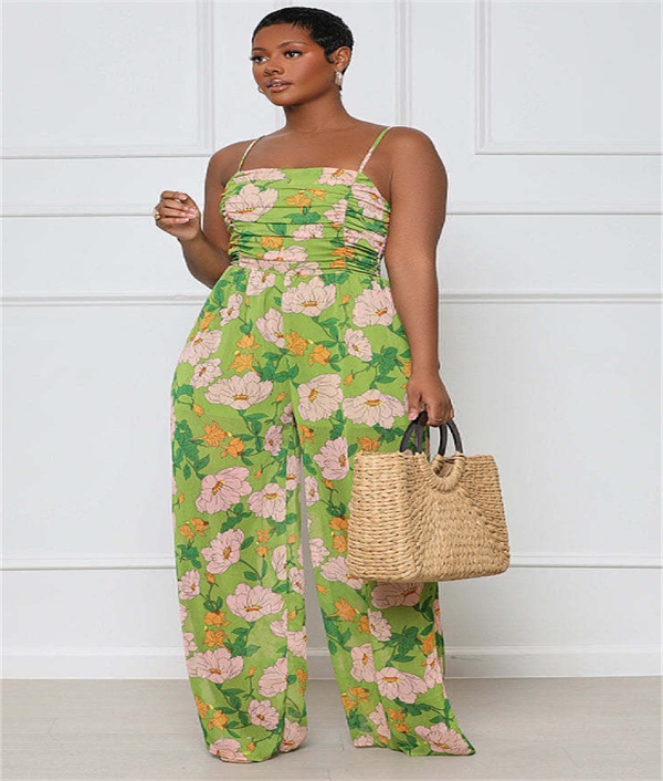 Boho Floral Print Spaghetti Strap Wide Leg Jumpsuit ANDI-1366