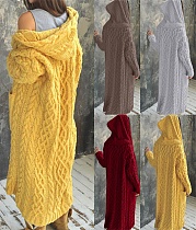 Hooded Solid Knitted Long Cardigan Twist Sweater Coat OYW-0601