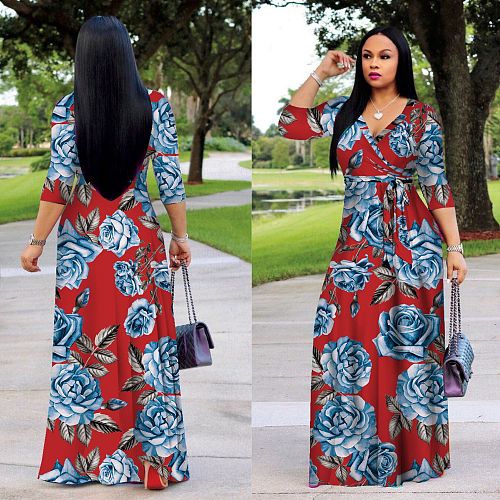 Floral Print Vintage V Neck A-line Maxi Dresses XMY-9364