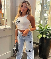 Y2K Cross Embroidered Basic Tank Crop Tops BANT-6322