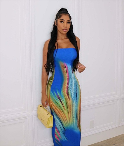 Aesthetic Print Strapless Bodycon Maxi Dress MUX-6106
