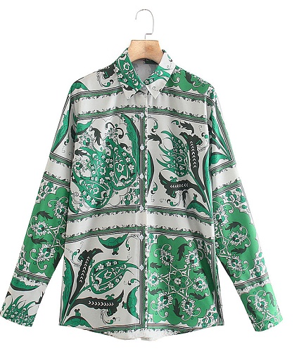 Vintage Print Long Sleeve Button-up Shirts Tops OYW-20655