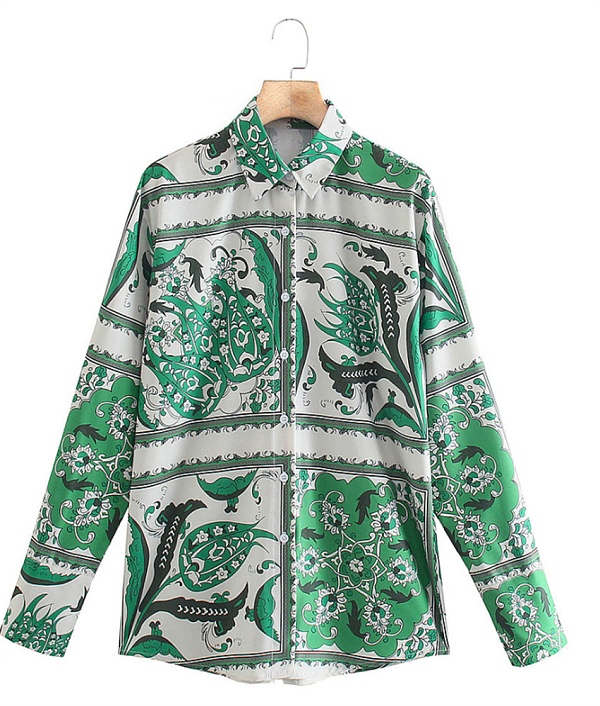 Vintage Print Long Sleeve Button-up Shirts Tops OYW-20655