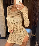 Sexy Solid Crochet Fishnet Hollow Out Mesh Bikini Long Sleeve Boho Beachwear Cover Up Mini Dress OYW-20411
