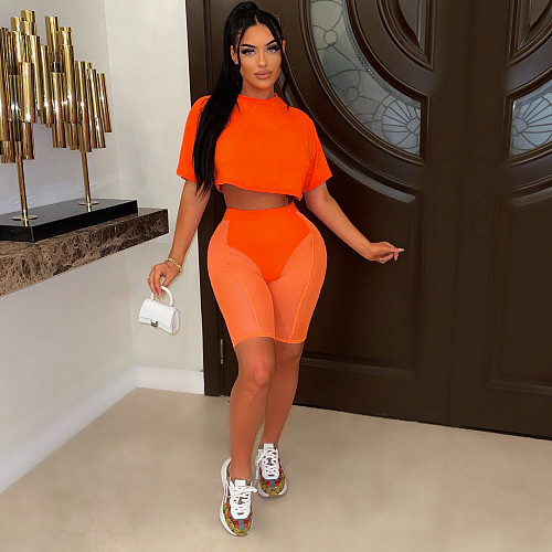 Short Sleeve Crop Tops+Mesh Patchwork Shorts Suit WSM-5318