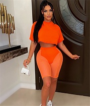 Short Sleeve Crop Tops+Mesh Patchwork Shorts Suit WSM-5318