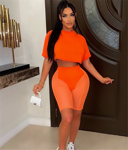 Short Sleeve Crop Tops+Mesh Patchwork Shorts Suit WSM-5318
