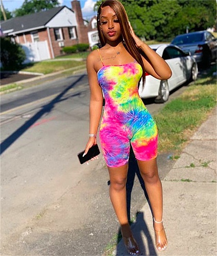 Summer Tie Dye Print Sleeveless Sexy Halter Bodycon Rompers QZX-6203