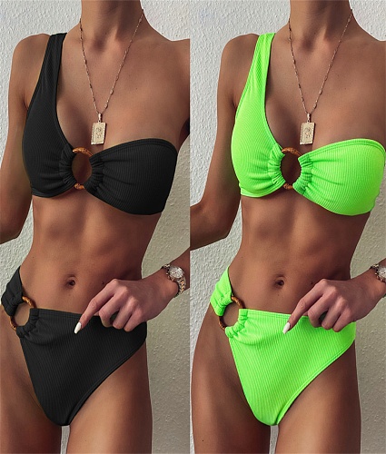 Solid Color Pit Strip Fabric One-Shoulder Bikini XM-137