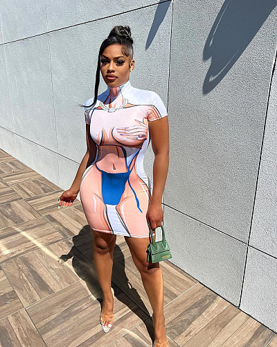 3D Human Body Printed Short Sleeve Dresses AL-287
