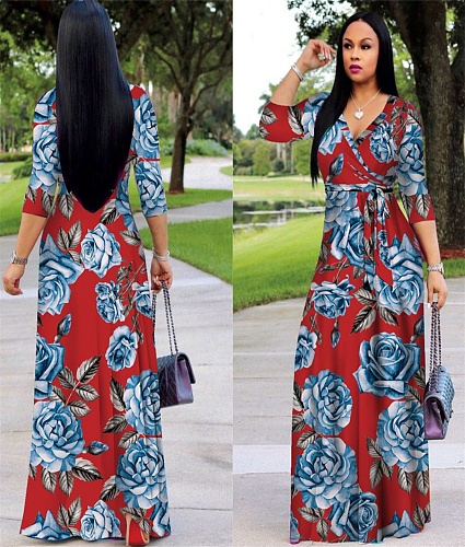 Floral Print Vintage V Neck A-line Maxi Dresses XMY-9364
