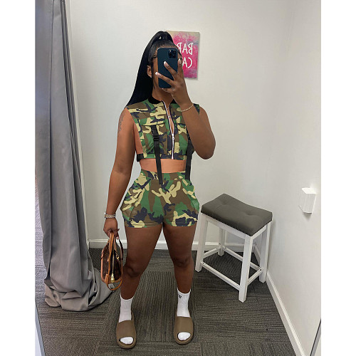 Camo Print Buckle Pockets Vest Jacket Shorts Suit FOS-8305