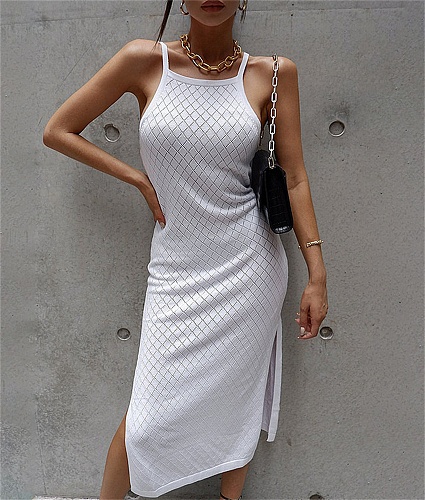 Summer Women Slim Solid Color Sleeveless High Waist Sheath Side Slit Skinny Thin Streetwear Long Dress OYW-21700