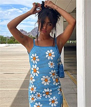 Women Flowers Plaid Summer Sleeveless Bandage Spaghetti Straps Backless Party Sexy Skinny Mini Dress OYW-20505