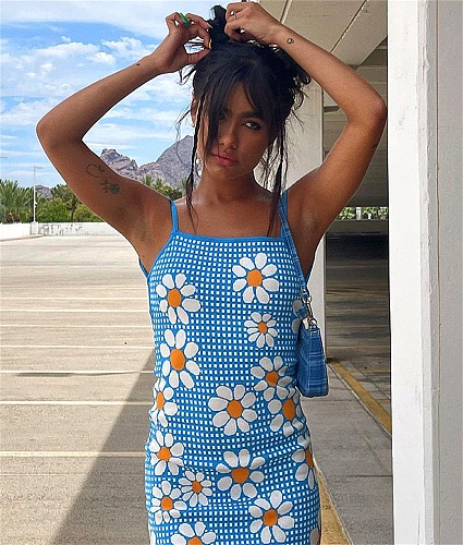 Women Flowers Plaid Summer Sleeveless Bandage Spaghetti Straps Backless Party Sexy Skinny Mini Dress OYW-20505
