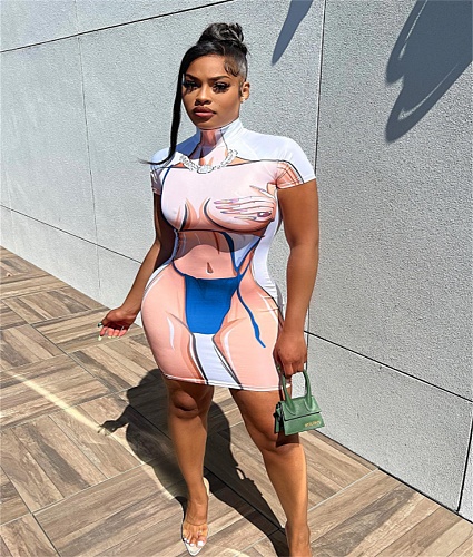 3D Human Body Printed Short Sleeve Dresses AL-287