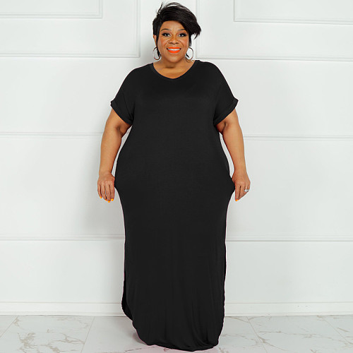 Casual Solid Short Sleeve Plus Size Maxi Dresses OSS-22299