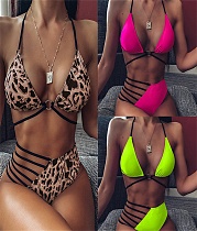 Leopard Hollow Out Lace Up Halter Bikini XM-52