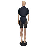Short Sleeve Crop Tops+Mesh Patchwork Shorts Suit WSM-5318