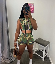 Camo Print Buckle Pockets Vest Jacket Shorts Suit FOS-8305