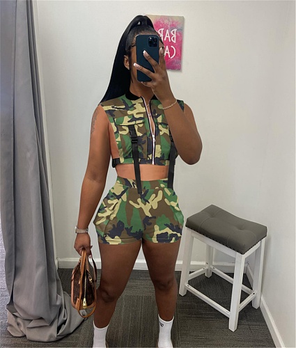 Camo Print Buckle Pockets Vest Jacket Shorts Suit FOS-8305
