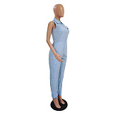 Turn-down Collar Sleeveless Zipper Casual Jumpsuit DY-69511
