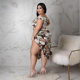 Leaves Print Off Shoulder Crop Top High Split Skirt Set ASL-7081
