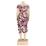 Leaves Print Off Shoulder Crop Top High Split Skirt Set ASL-7081