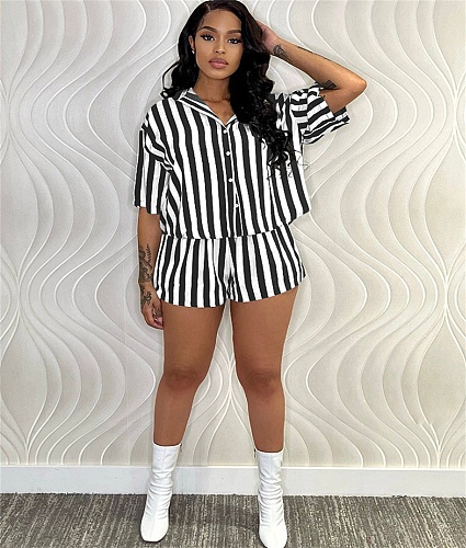 Short Sleeve Button Up Blouse Shirt Shorts Set MAE-2147