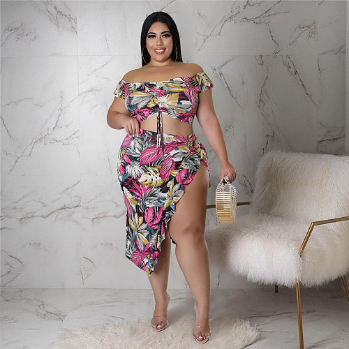 Leaves Print Off Shoulder Crop Top High Split Skirt Set ASL-7081